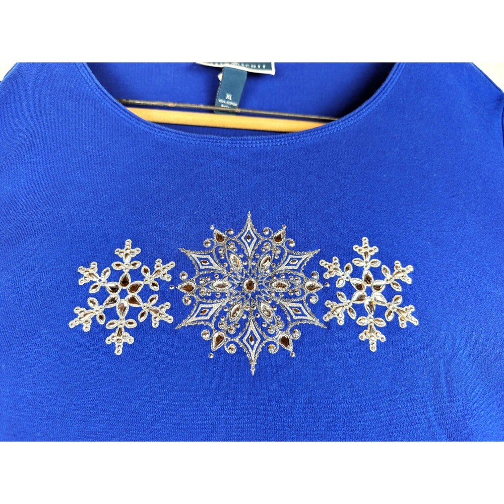 Karen Scott Womens XL Blue Cotton Snowflake Embellished Long Sleeve Knit Top